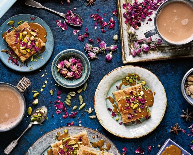 Rose and pistachio cake with cardamom toffee sauce