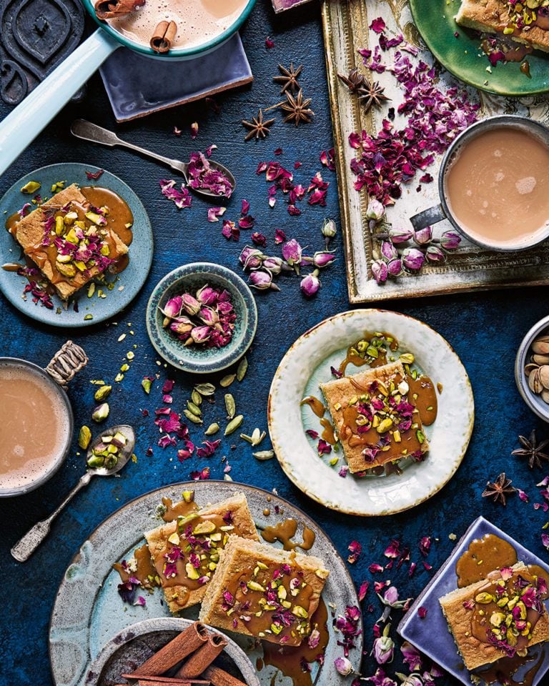 Rose and pistachio cake with cardamom toffee sauce