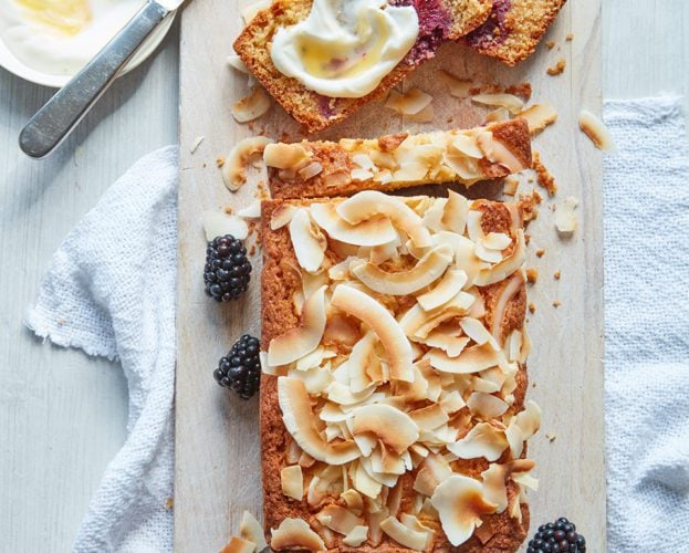 Blackberry and coconut loaf cake
