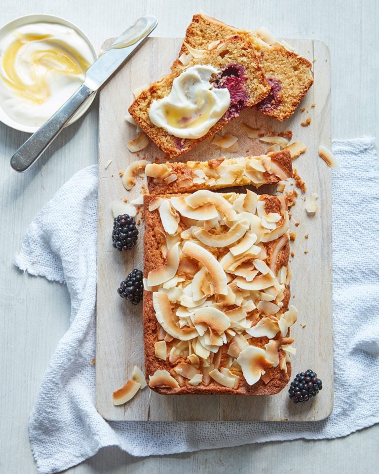 Blackberry and coconut loaf cake