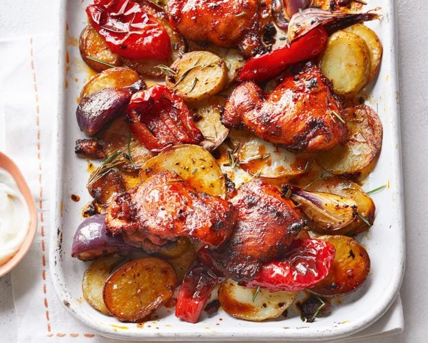 Paprika chicken thighs with aïoli and rosemary roasties