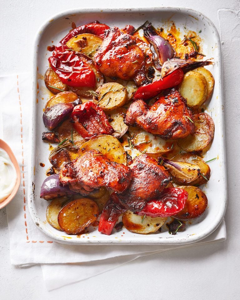 Paprika chicken thighs with aïoli and rosemary roasties