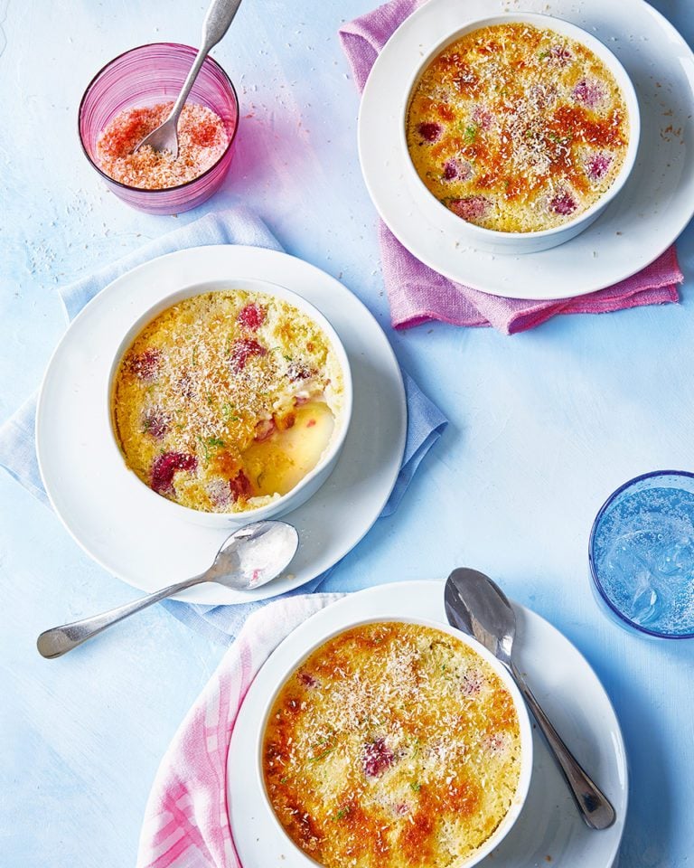 Raspberry, lime and coconut self-saucing pudding