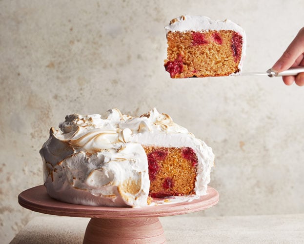 Spiced plum cake with swiss meringue frosting