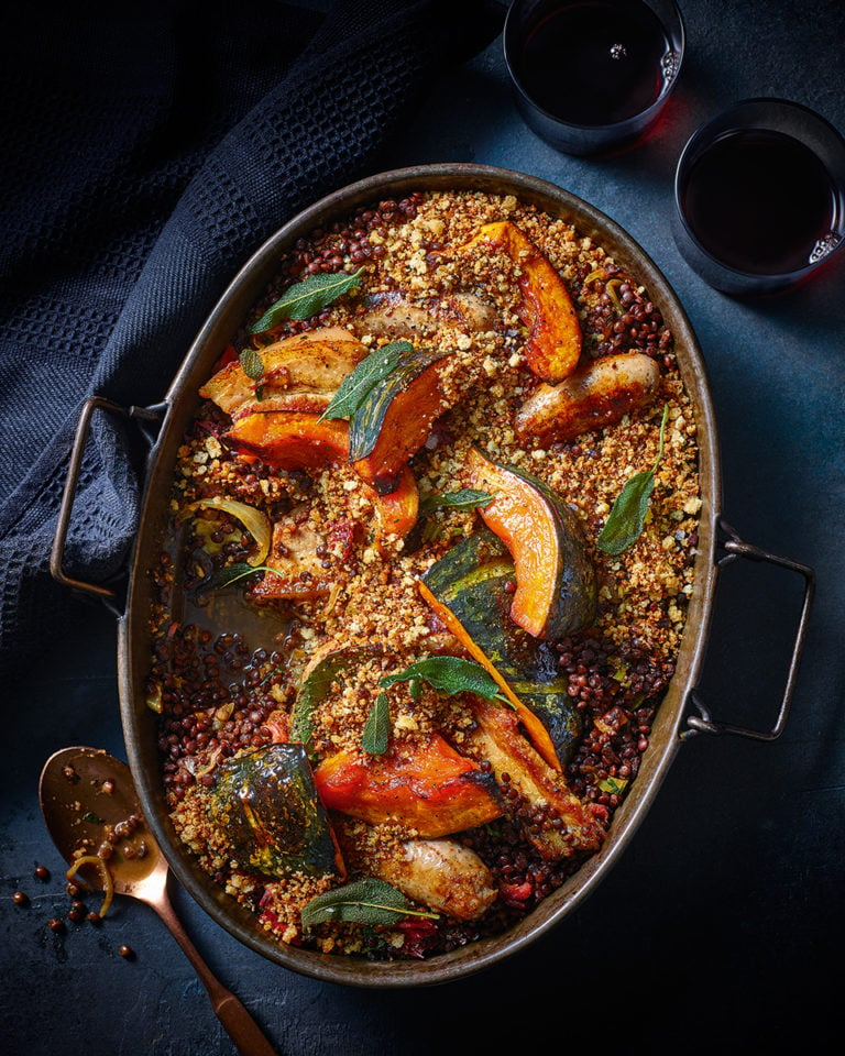 Braised pumpkin, lentil and pork casserole