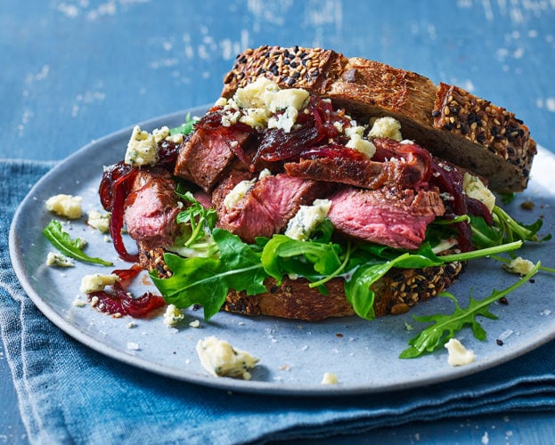 Steak sarnie with onions and blue cheese