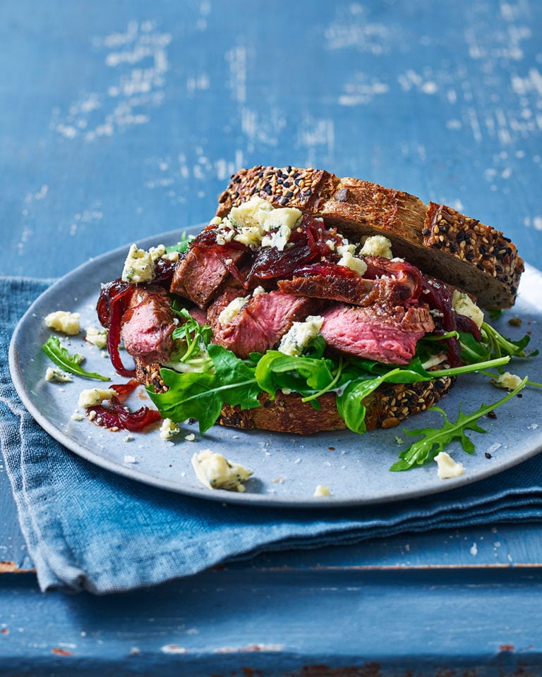 Steak sarnie with onions and blue cheese