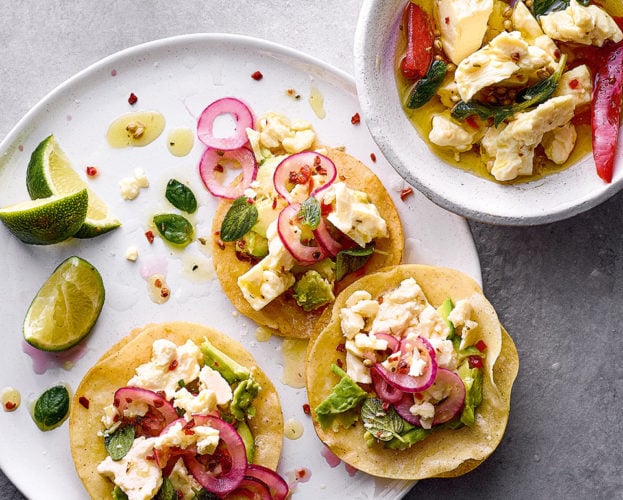 Marinated wensleydale tostadas