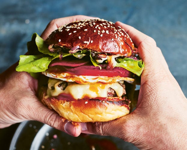 Kiwi beef burger with pickled beetroot and a fried egg