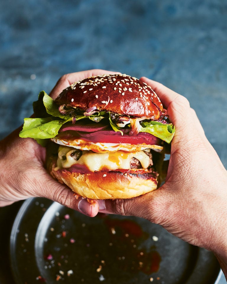 Kiwi beef burger with pickled beetroot and a fried egg