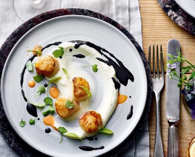 Pierre Koffmann’s scallops with squid ink sauce
