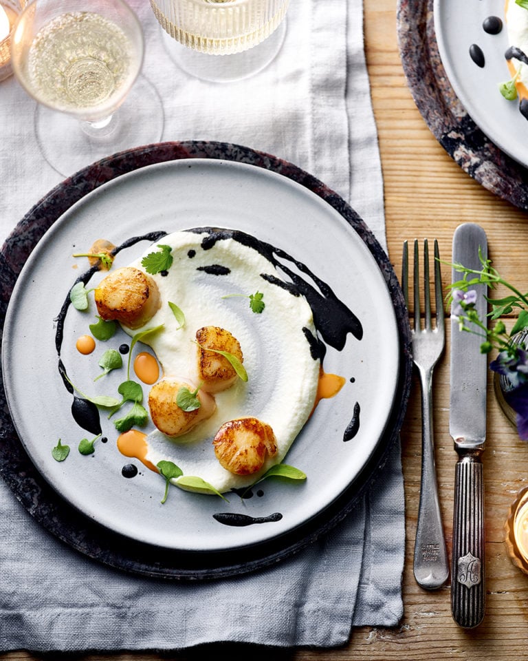 Pierre Koffmann’s scallops with squid ink sauce