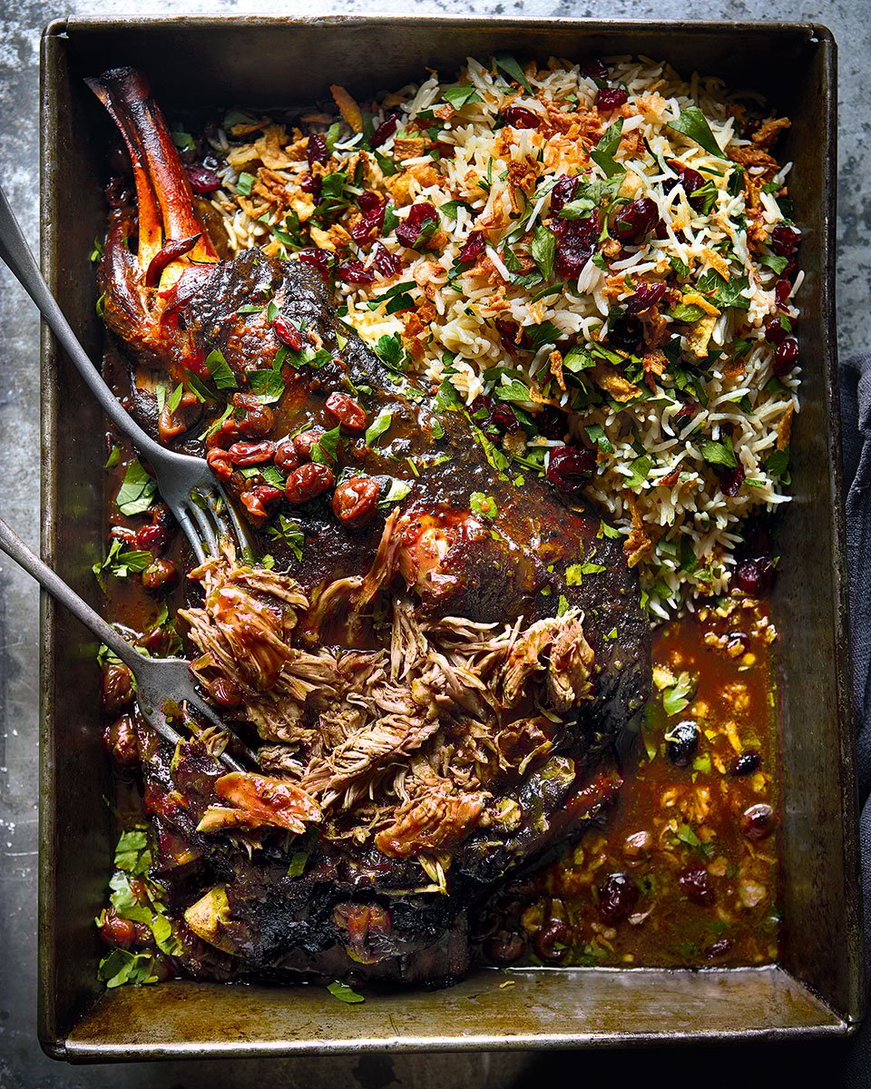 Roast lamb shoulder with rice pilaf delicious. magazine