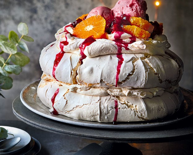 Cranberry pavlova with sorbet