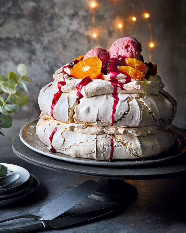 Cranberry pavlova with sorbet