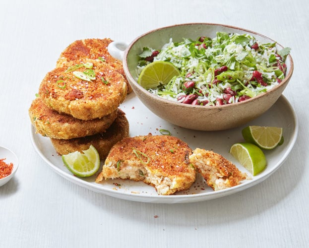Spiced fishcakes with rice and bean salad