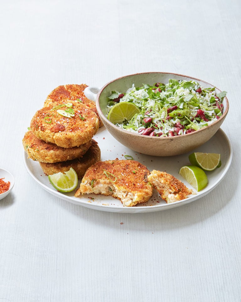 Spiced fish cakes with rice and bean salad