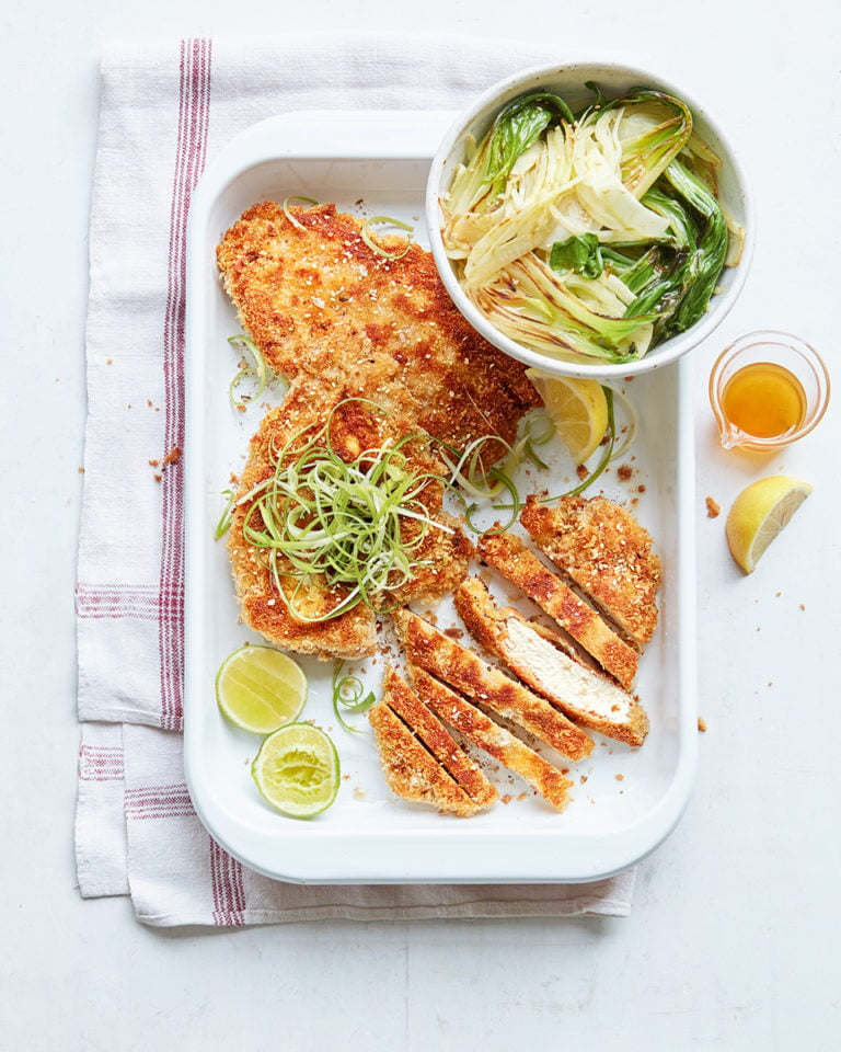 Five-spice chicken schnitzel with citrussy greens