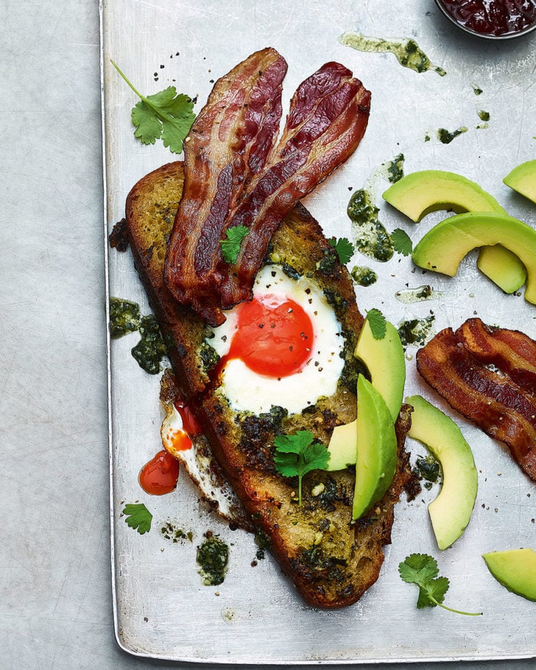 Pesto eggs with sourdough, avocado and bacon