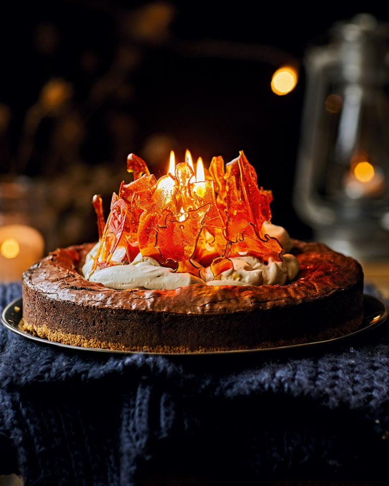 Brownie tart with coffee cream and toffee shards