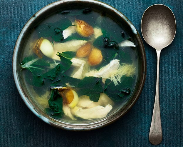 Turmeric chicken noodle soup with chard