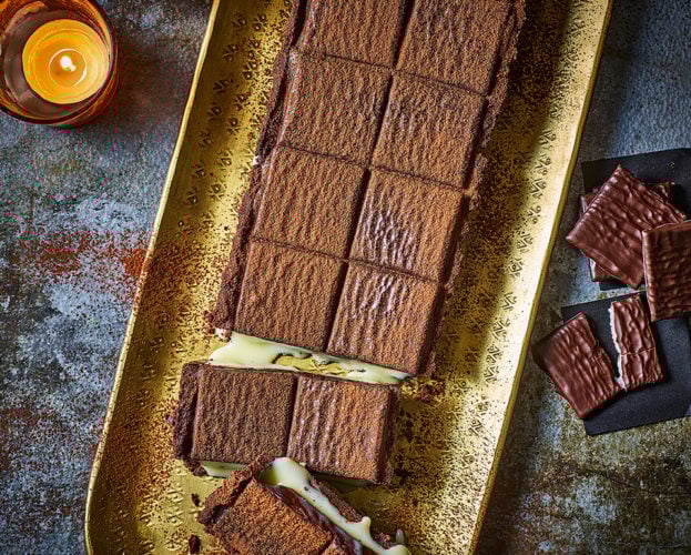 After Eights chocolate tart shown in a festive table setting