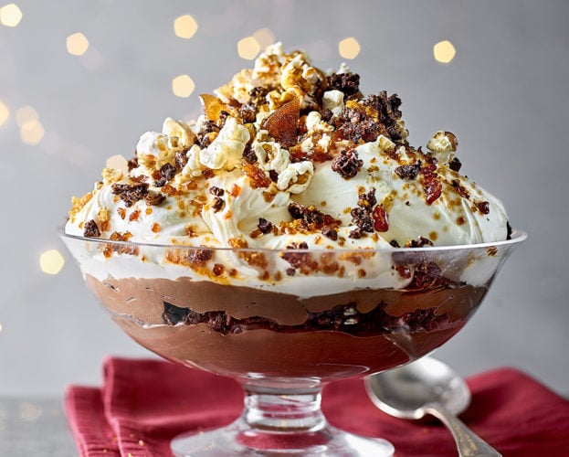 Chocolate and caramel popcorn trifle