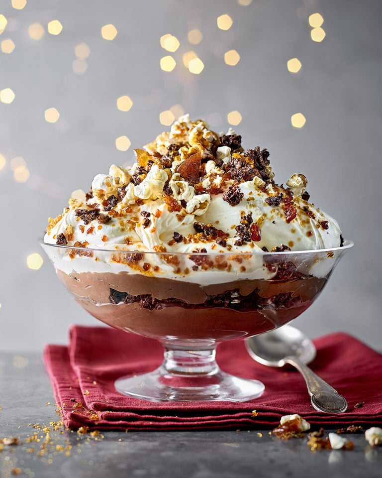 Chocolate and caramel popcorn trifle