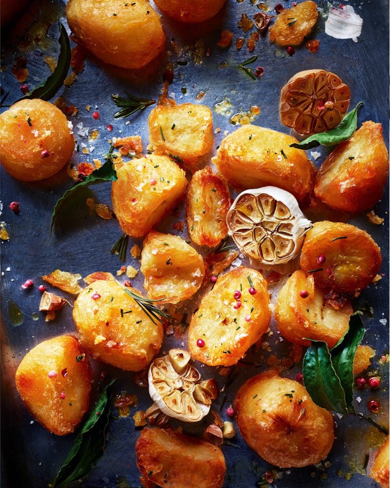 Garlic roast potatoes with bay leaves