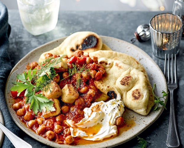 Harissa chickpea stew with crispy halloumi