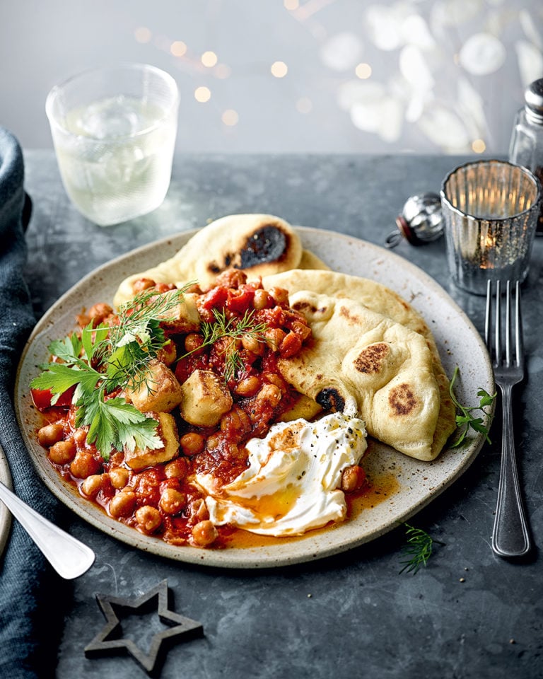 Harissa chickpea stew with crispy halloumi