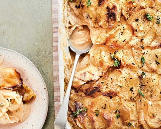 Celeriac and tahini potato gratin