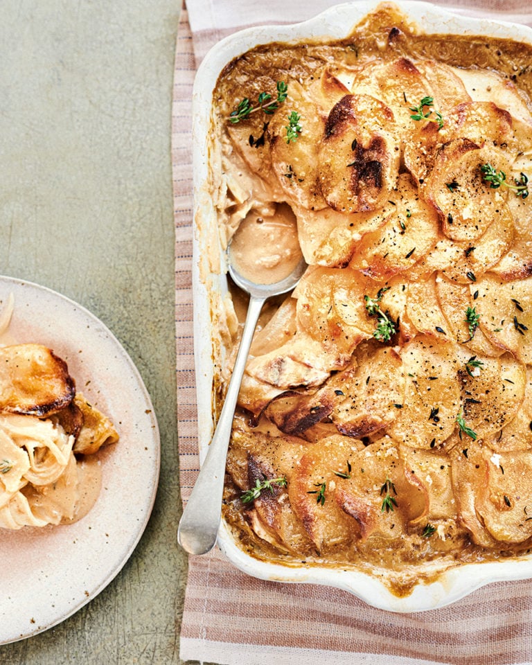 Celeriac and tahini potato gratin