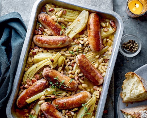 Sausages and lemon traybake