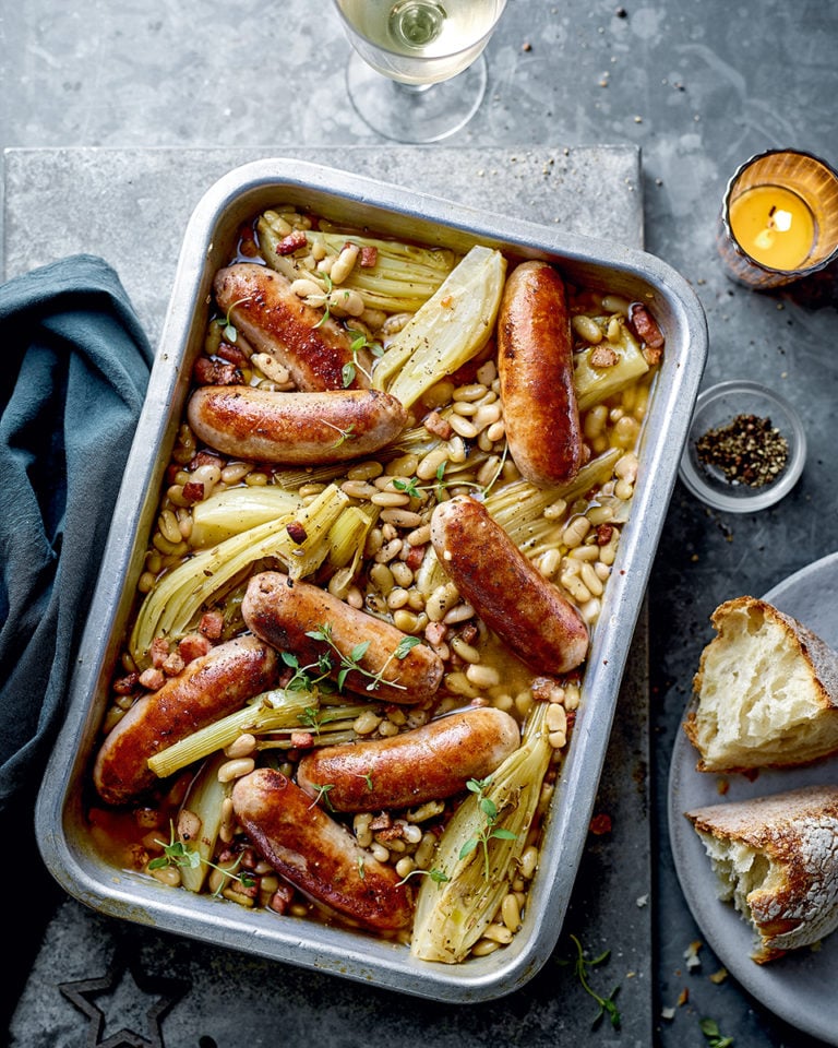 Sausage, fennel and flageolet bean traybake