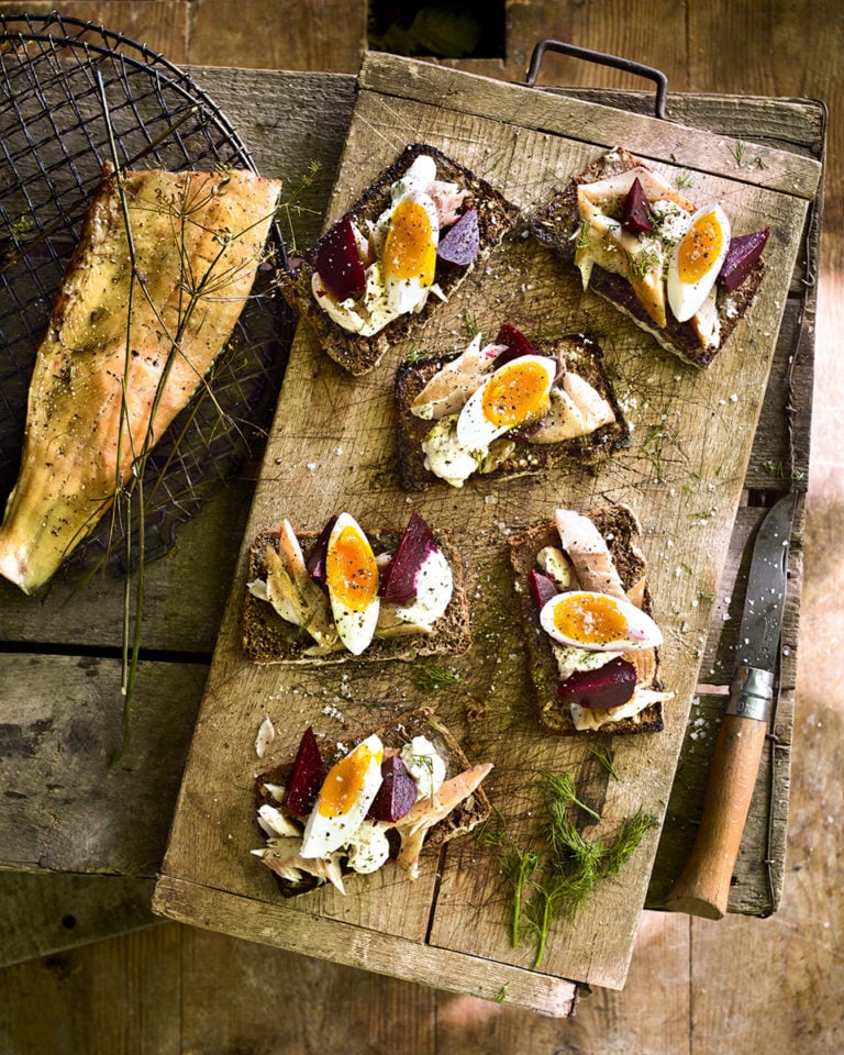 Hot-smoked trout on rye toasts