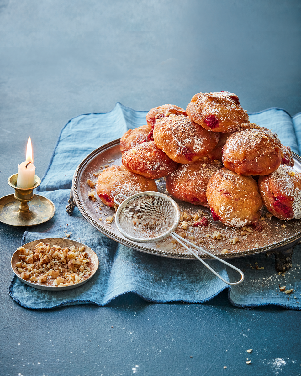 Jam doughnuts with lemon cinnamon syrup (sufganiyot loukoumades)