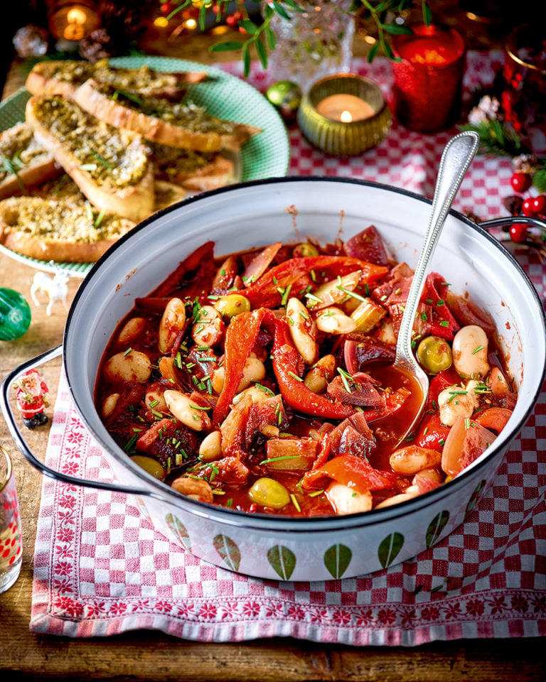 Veggie bean casserole with pesto garlic croûtes