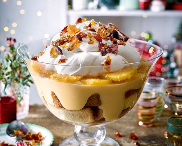 Sherry trifle with praline and orange custard