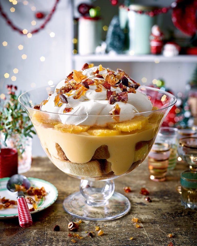 Sherry trifle with praline and orange custard