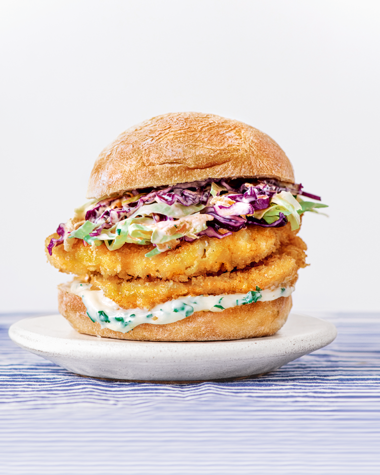 Crumbed fish burgers with cabbage slaw