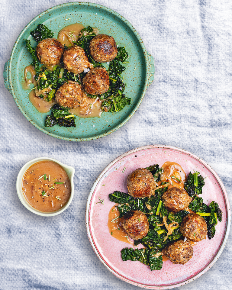 Nut roast balls, onion gravy and greens