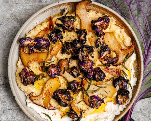 Roast brussels sprouts with polenta, anchovies and mushrooms