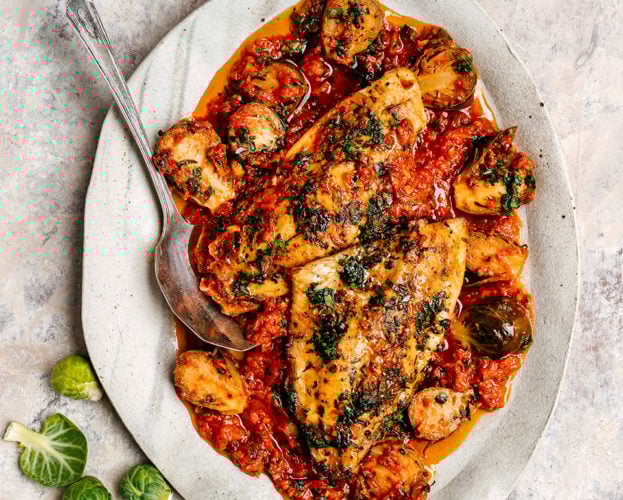 fried hake and sprouts