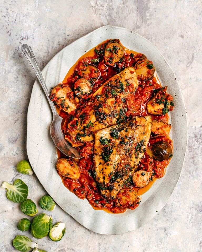 Crispy fried hake with brussels sprouts