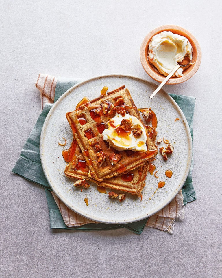 Carrot cake waffles with orange mascarpone and candied walnuts