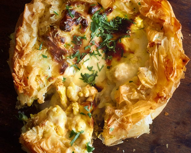 Cauliflower cheese filo pie