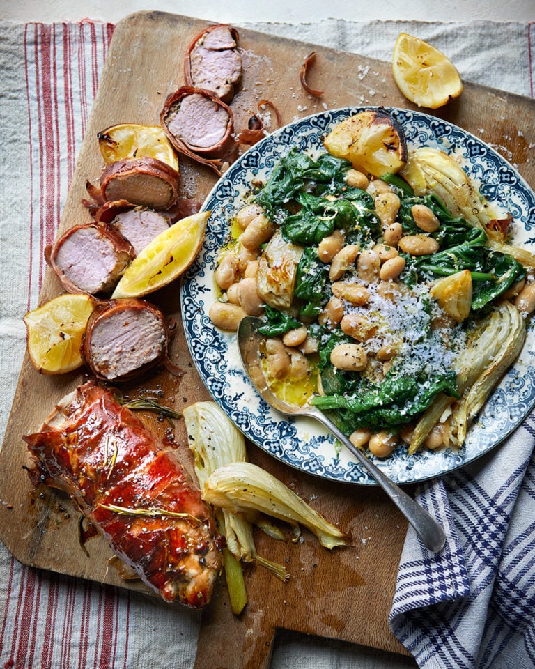 Pork tenderloin with warm fennel and butter beans