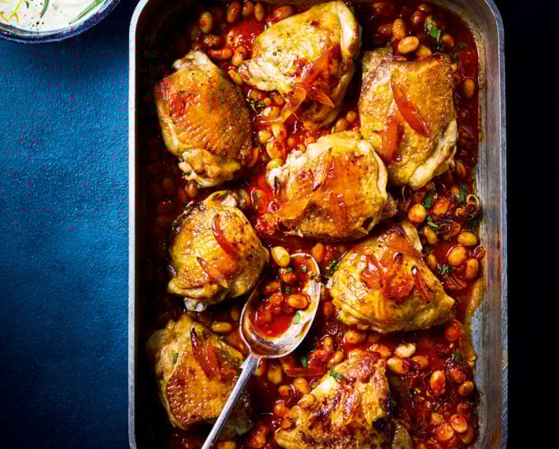 Sticky marmalade chicken with ’nduja haricot beans
