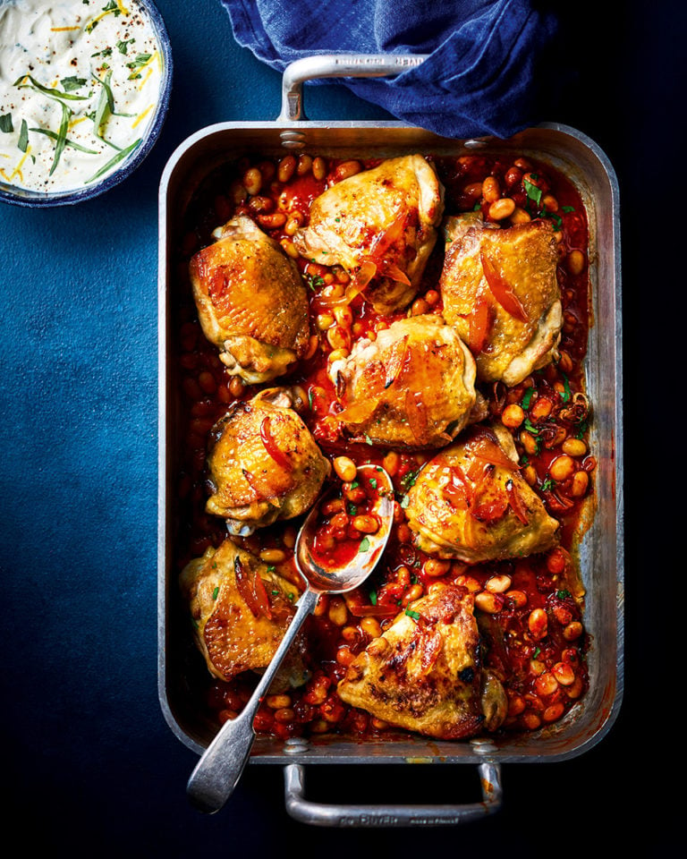 Sticky marmalade chicken with ’nduja haricot beans